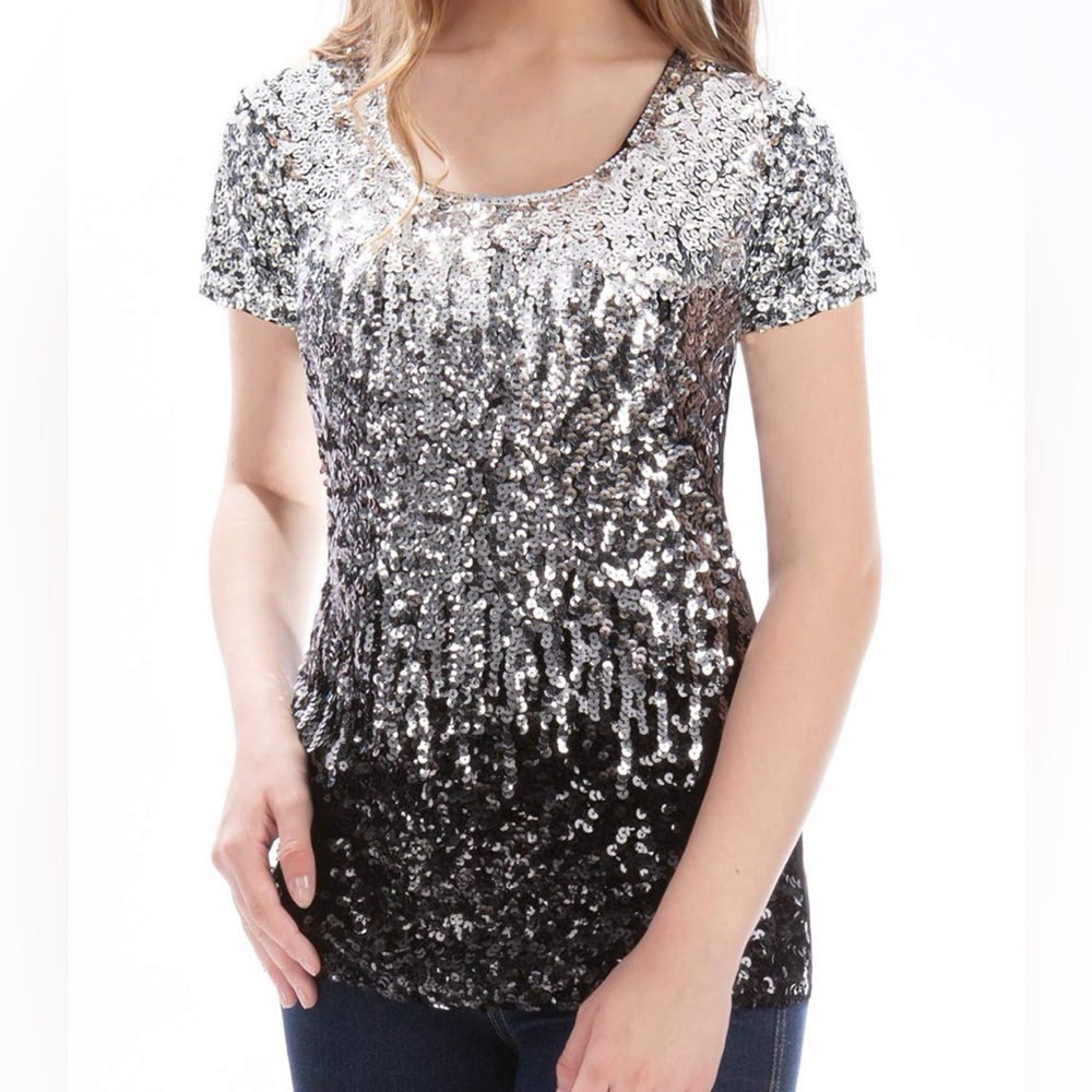 Maner sequins short sleeve ombré silver black shirt
